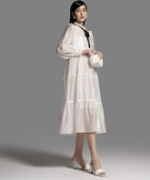 Tiered Organza Midi Dress with Sheer Long Sleeves and Contrast Neck Tie Detail